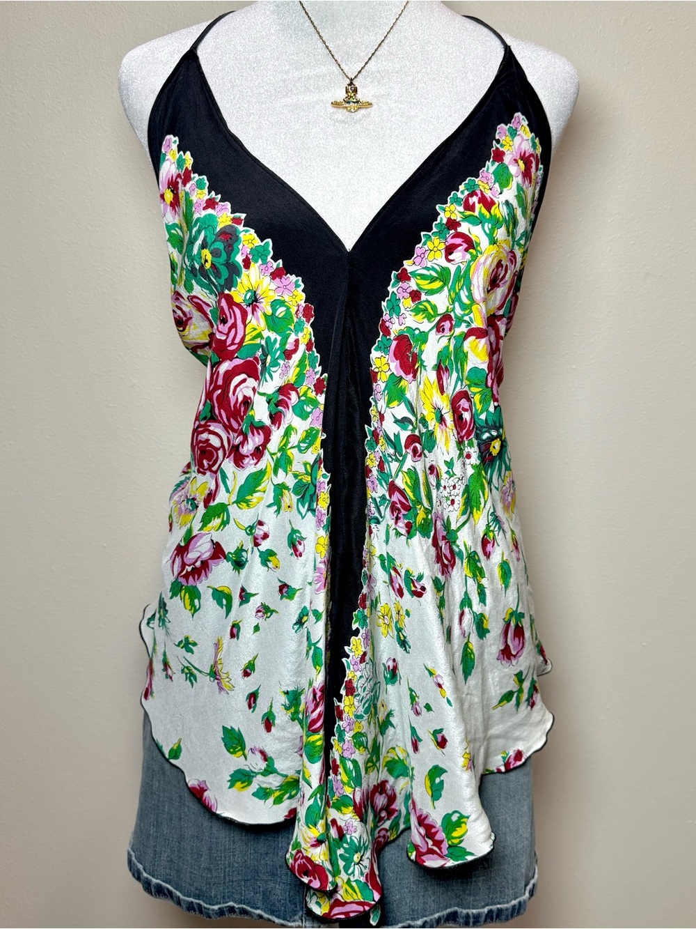 Floral Colorful Halter Low Back Asymmetrical V-Neck Women's XS Blouse